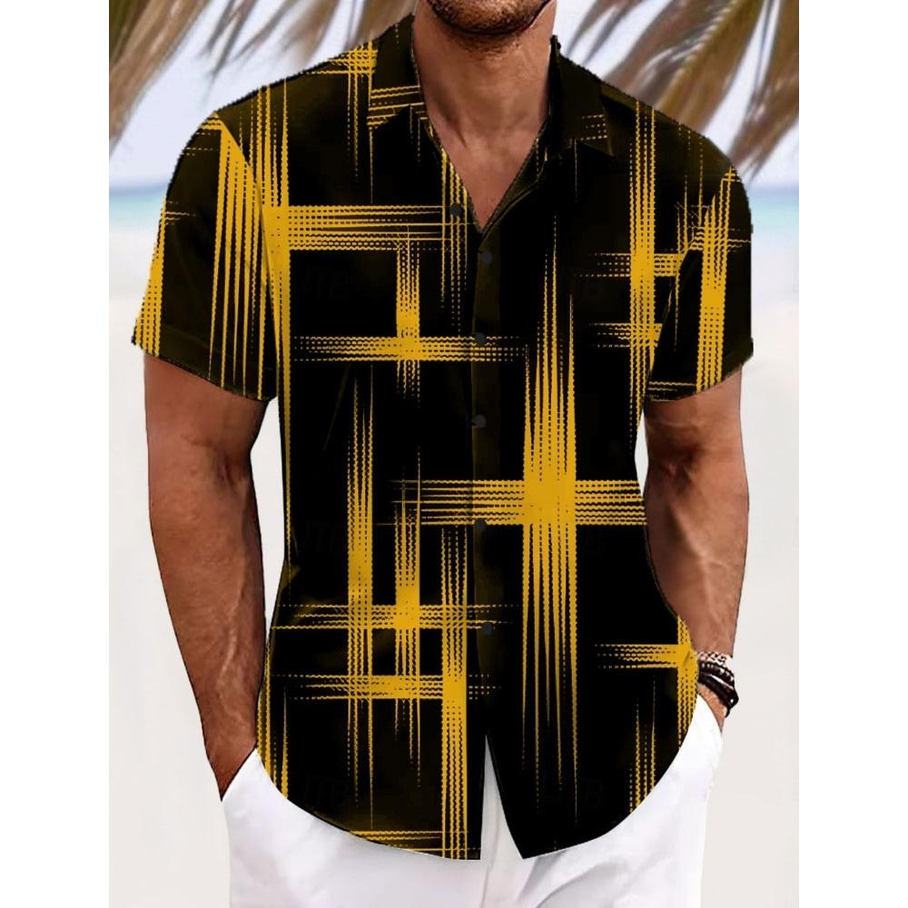 Men s Geometric Grid Plaid Shirt, Gradient 3D Print Short Sleeve Turndown Casual Top S
