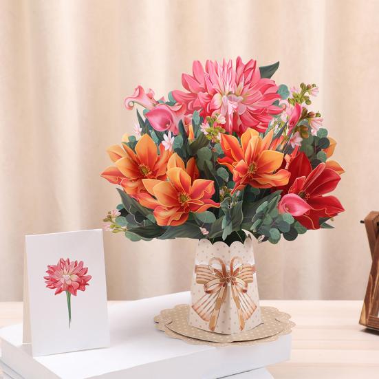 3D Pop-Up Blumenstrauß Grußkarte Sonnenblume Lilie Tulpe Nelke Blumenstrauß Karte für Muttertag Lehrertag Abschluss Jahrestag Geburtstag