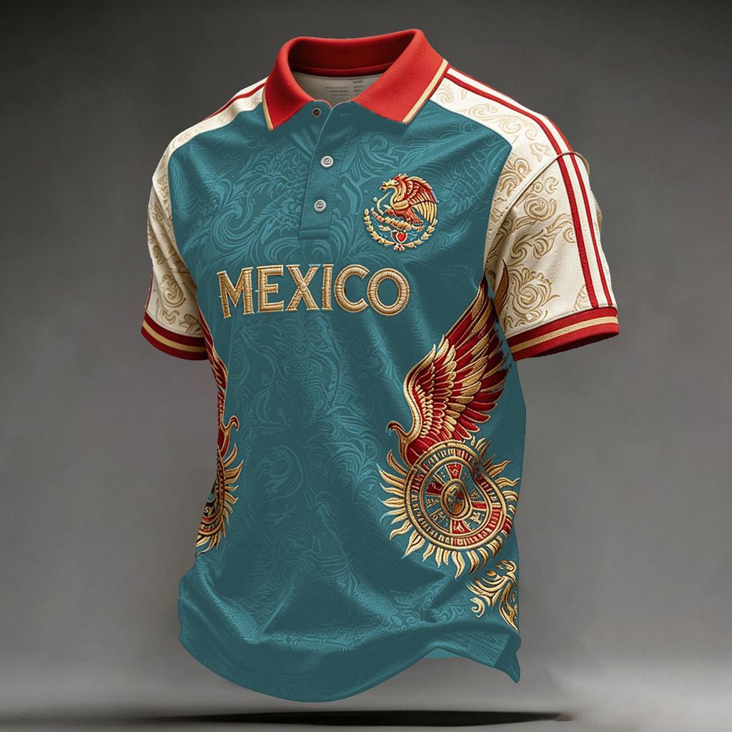 Men's Classic Polo Shirt Soccer Jersey Short Sleeve Button Up Shirt Casual Athletic Top with Printed Design and Collared Neck for Outdoor Sports