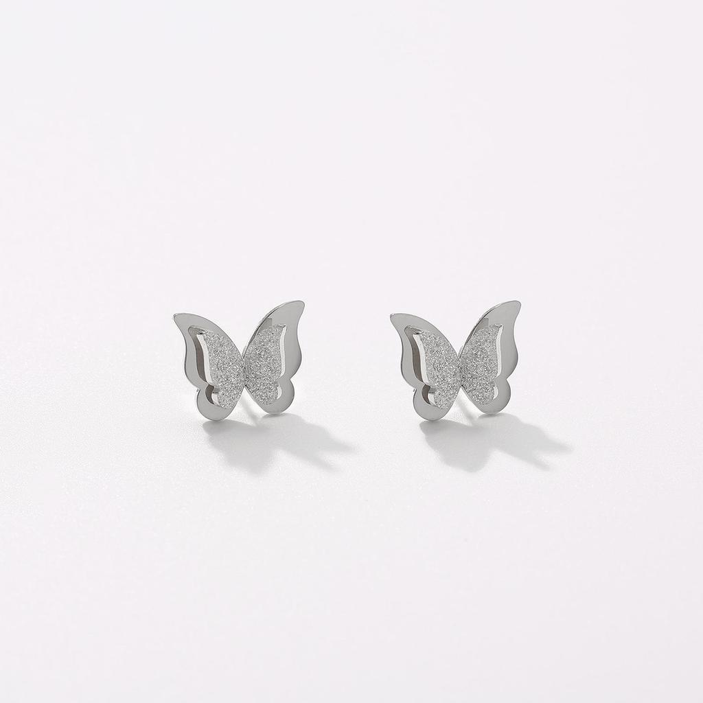 304L Stainless Steel Frosted Double Layer Butterfly Stud Earrings for Women