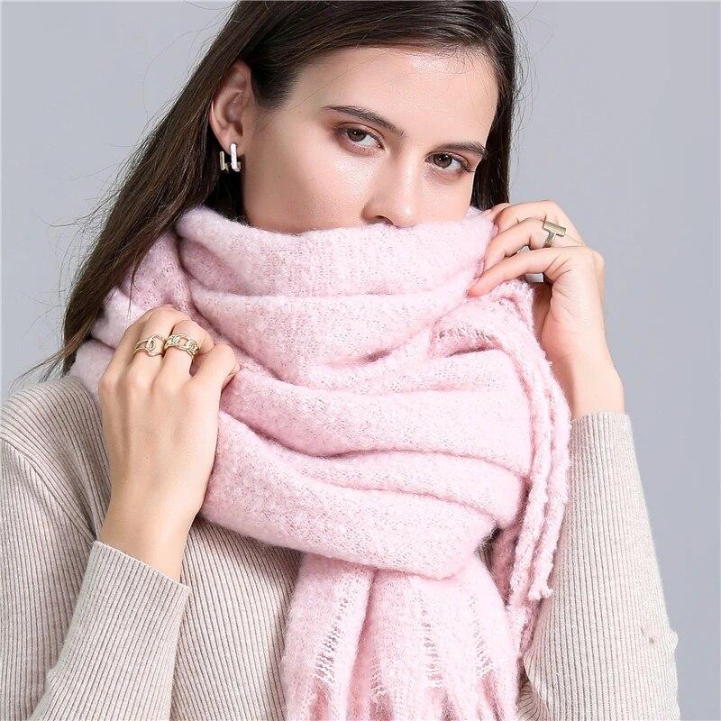 Winter Warm Cashmere Pom Scarf Solid Women Scarf With Rabbit Fur Ball Pashmina Thick Scarves Shawls Wrap Lady Oversize Blanket