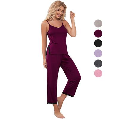 Ternos de dormir femininos 2 peças pijamas deslizamento regata renda guarnição calças cortadas confortável sleep lounge wear roupas noturnas verão casual casa wear