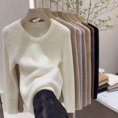 Vintage Loose Velvet Padded Crew Neck Sweater Base Layer Women's Spring Autumn Inner Warm Knitted Tops Korea Chic Design Casual Clothes