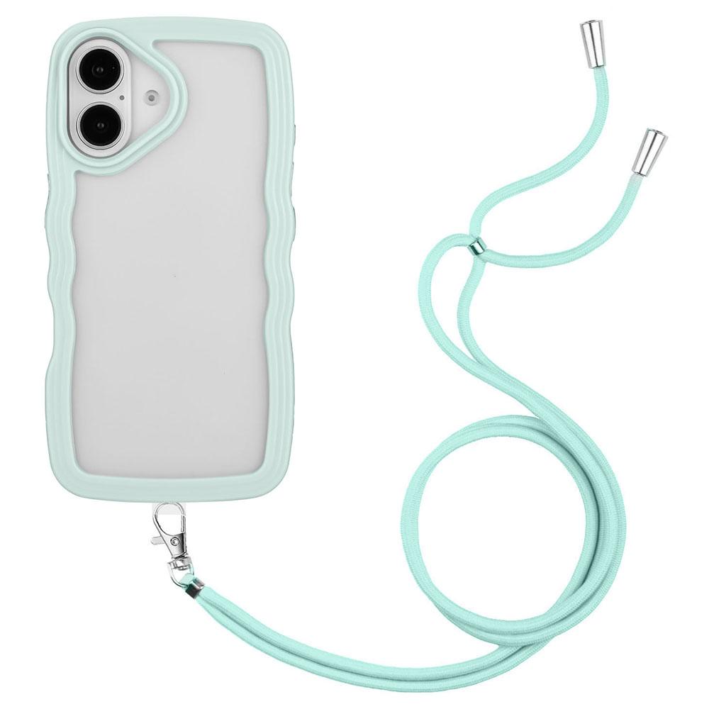 

For iPhone 16 Case Wavy Edge Design PC+TPU Shockproof Phone Cover with Adjustable Lanyard Baby Blue