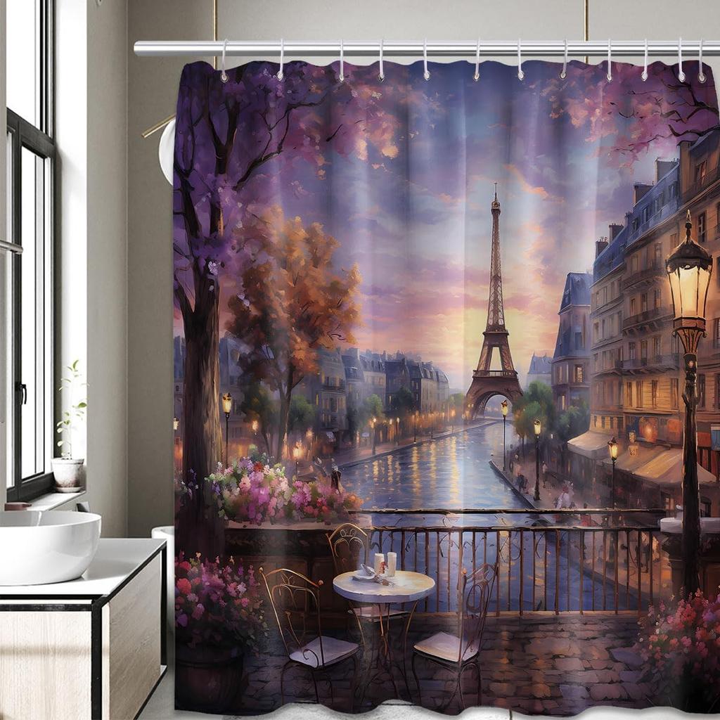 Vintage Paris Shower Curtain Eiffel Tower French Cityscape Shower Curta for Bathroom Decor Set, Waterproof Fabric with Hooks (70''W x 72''L)