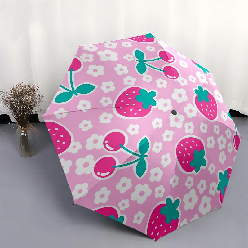 1pc Strawberry Cherry Floral Pattern Umbrella with Plastic Handle,Compact & Stylish,Cartoon Pattern,Outdoor UmbrellaPT352