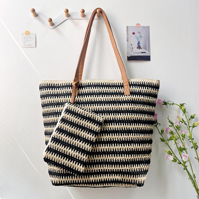 Woven Straw Tote Bag With Zipper Closure For Casual Travel And Summer Outings