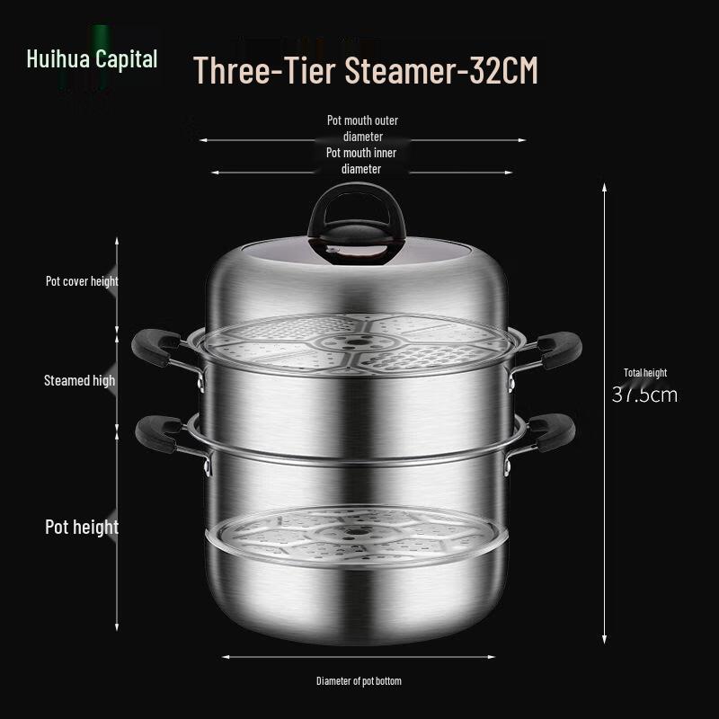 HUIHUADU 32cm 3-Layer Stainless Steel Steamer Pot
