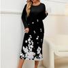 Women's Fashionable Casual Long-Sleeved Round Neck Floral Print Zipper Dress