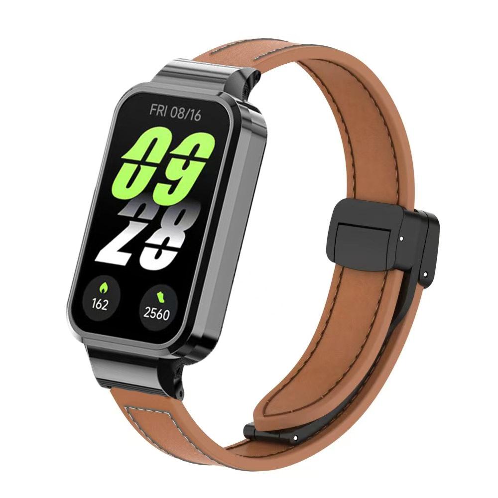 Pro Xiaomi Smart Band 9 Active Leather Strap Magnetická skládací přezka pro Redmi Band 3 Kovové ochranné pouzdro Integrovaný pásek