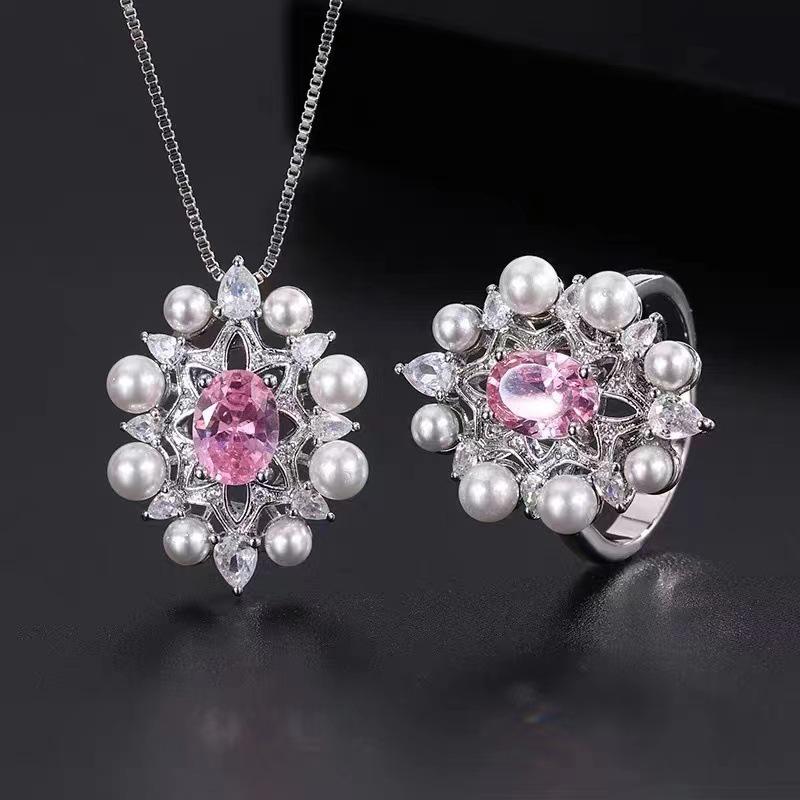 2023 New Style: Pearl & Sapphire Pink Gemstone Necklace & Ring Set