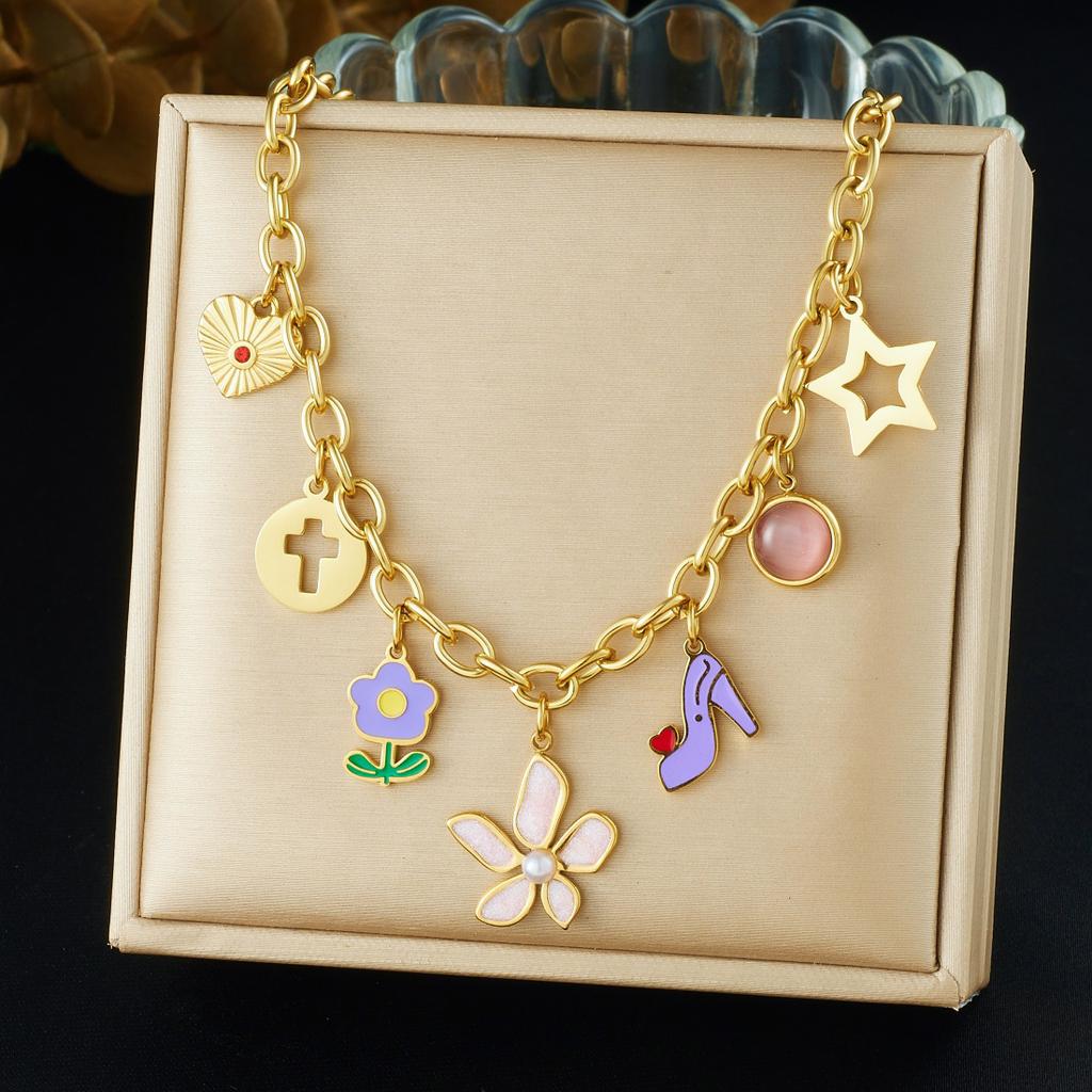 316L Stainless Steel Novel Fun Colorful Flowers High Heels Cross Star Heart Pendant Necklace Women New Trend Neck Chain