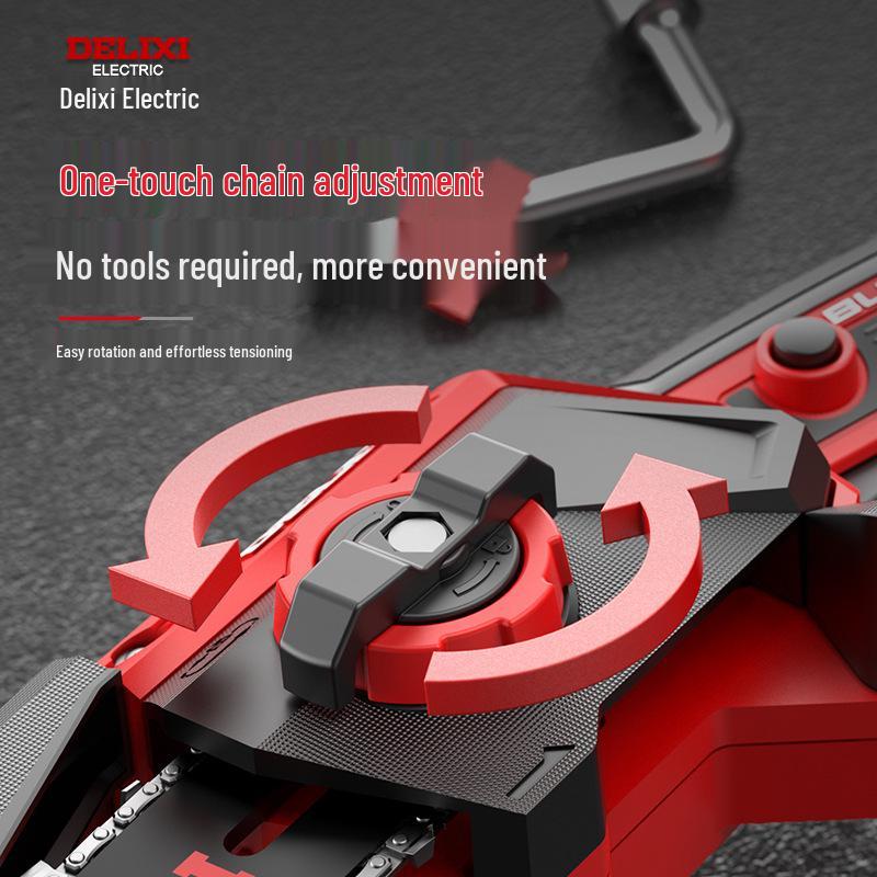 Delixi Cordless Brushless Electric Chainsaw: High-Power, Handheld Lithium Battery Saw for Home Tree Cutting.