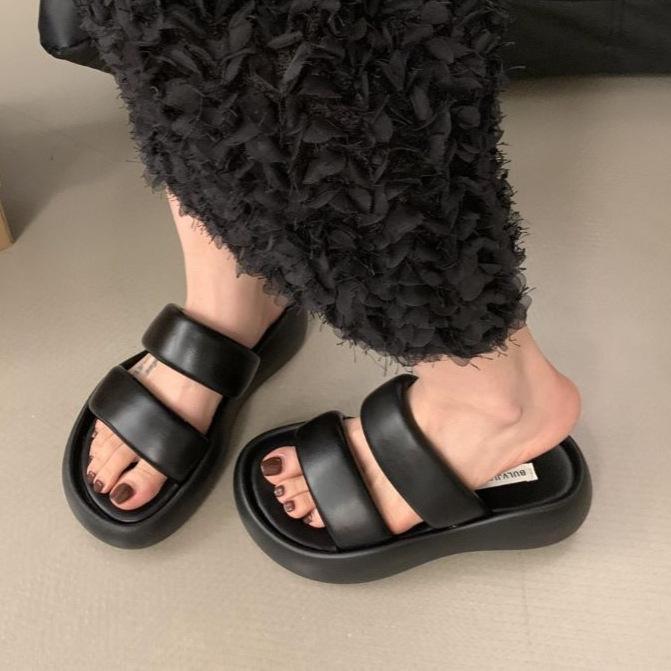 Sandals Women's Summer 2025 New One-word Thick-soled Heightened and Thin Muffin Sandals French Evening Breeze Cool Slippers Tide