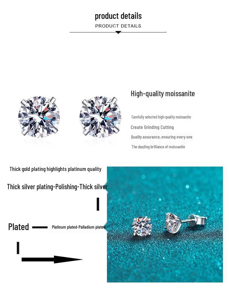 Aimeishi 925 Sterling Silver Four-Prong Stud Earrings, 1 or 2 Carat, Simple Fashionable Light Luxury for Women.