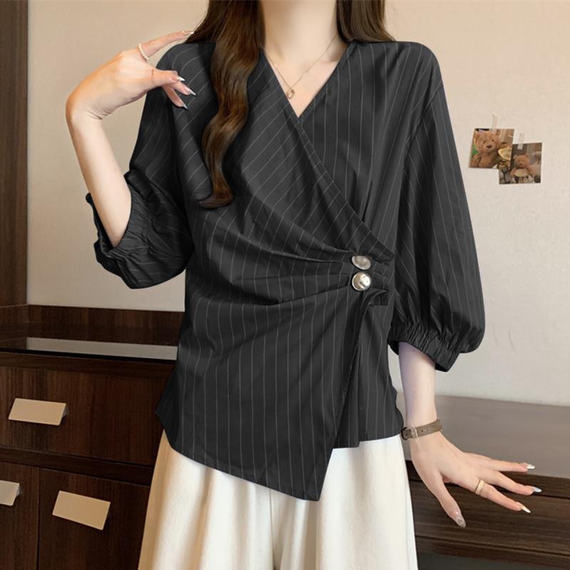 VONDA Women Autumn V-Neck Striped 3/4 Sleeve Button Trim Shirts