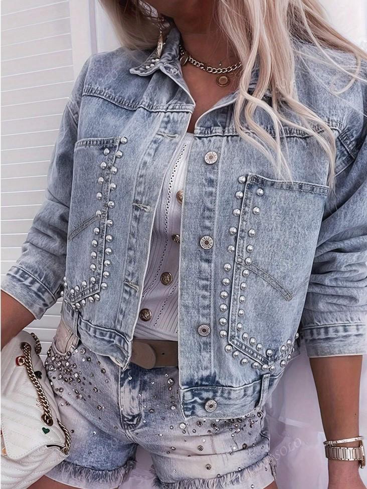 Módní dámská krátká džínová bunda evropského stylu s detaily nýtů od SHEIN