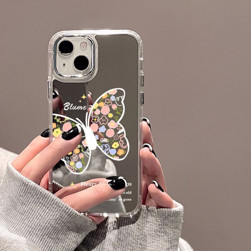 Flower Butterfly Mirror for iPhone17promax Mobile Phone Case 15/14 Apple 16 Electroplating Button 13