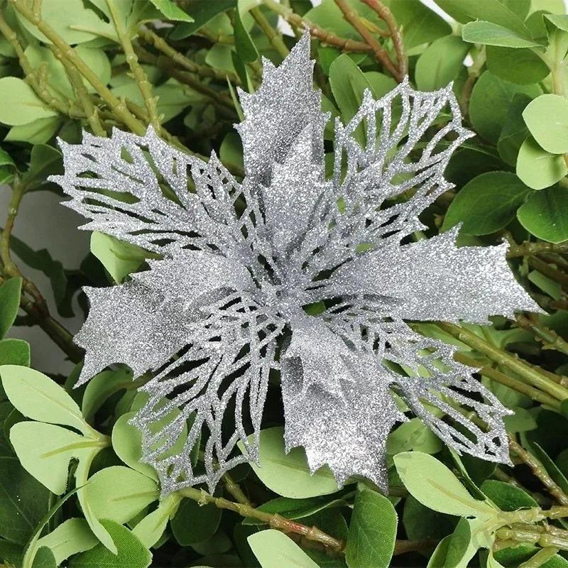 5Pcs Gold Christmas Sparkling Flowers Heads For Xmas Tree Hanging Ornament Home Room Decor Party DIY Wreath New Year 2025 Gifts