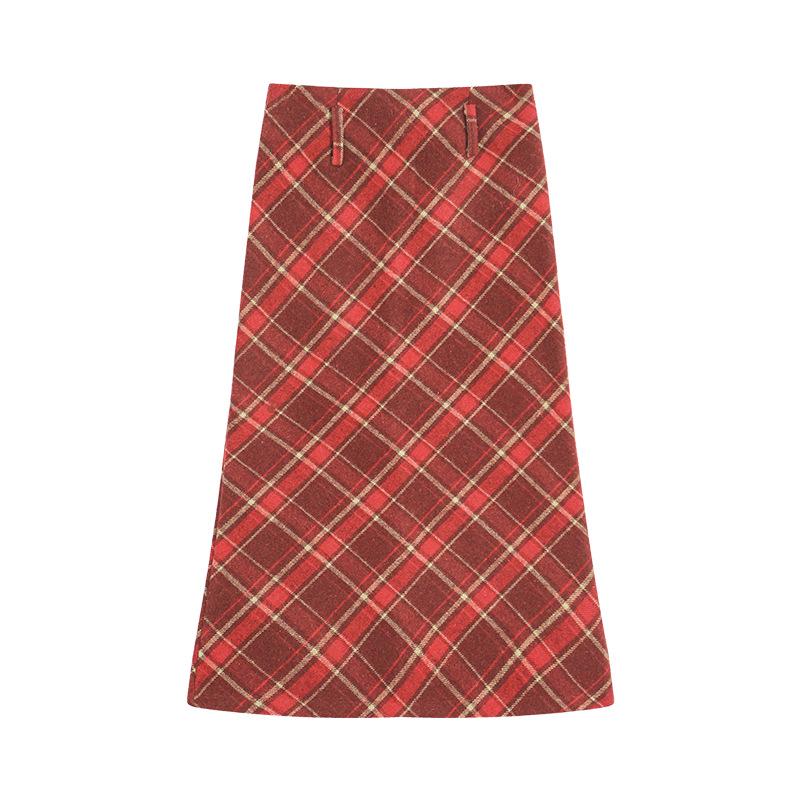 Roter Retro-Woll-Karo-Rock mit Schlitz - Herbst/Winter Beflockter, formender Hüftwickelrock