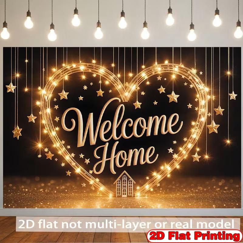 2D Gold Sparkle Welcome Home Background, Heart Light Star Themed Housewarming Party Decor Banner 47.2x31.5inch/120*80cm