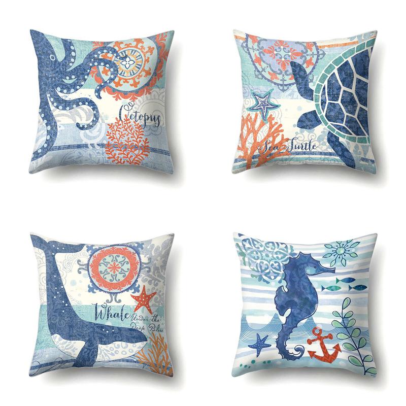 Polyester Pillowcase Peach Leather Velvet Cushion Cover Marine Life Seahorse Octopus Printed Pillowcase Car Cushion