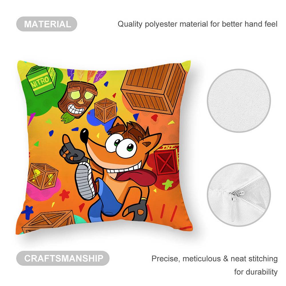 Game C-Crash B-Bandicoot Pillow Case Square Double‑Sided Print Cushion Case For Sofa Home Bedchamber Decor Gift