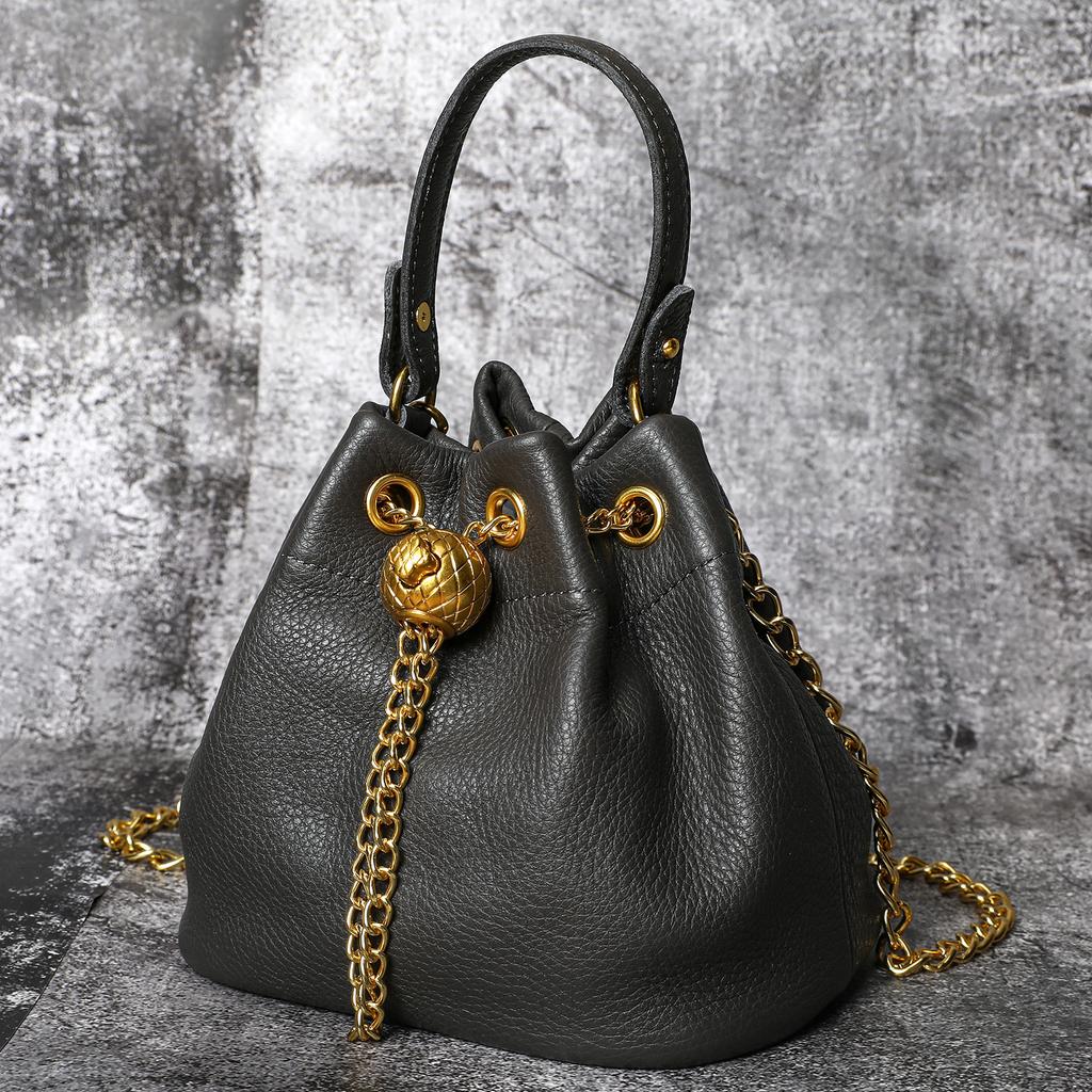 2026 Popular Vintage Fashion Chain Bag Women Genuine Leather Multi-Way Bucket Bag Compact Stylish Crossbody Shoulder Purse