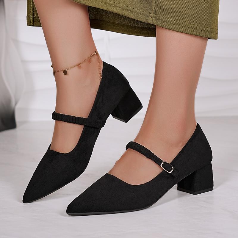 

Elegant Pumps Women s High Heels Fashion Buckle Strap Mary Jane Shoes Solid Color Velvet Heels Office Lady Mid-heeled Work Shoes 35 чёрный
