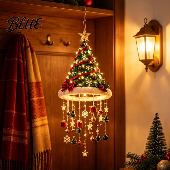 Winter Seasonal Landscaping Lighted Christmas Ceiling Hanging Decor, Pre-Lit Tree Bell Pendant with Decorations Warm LED, Porch Doorway Holiday