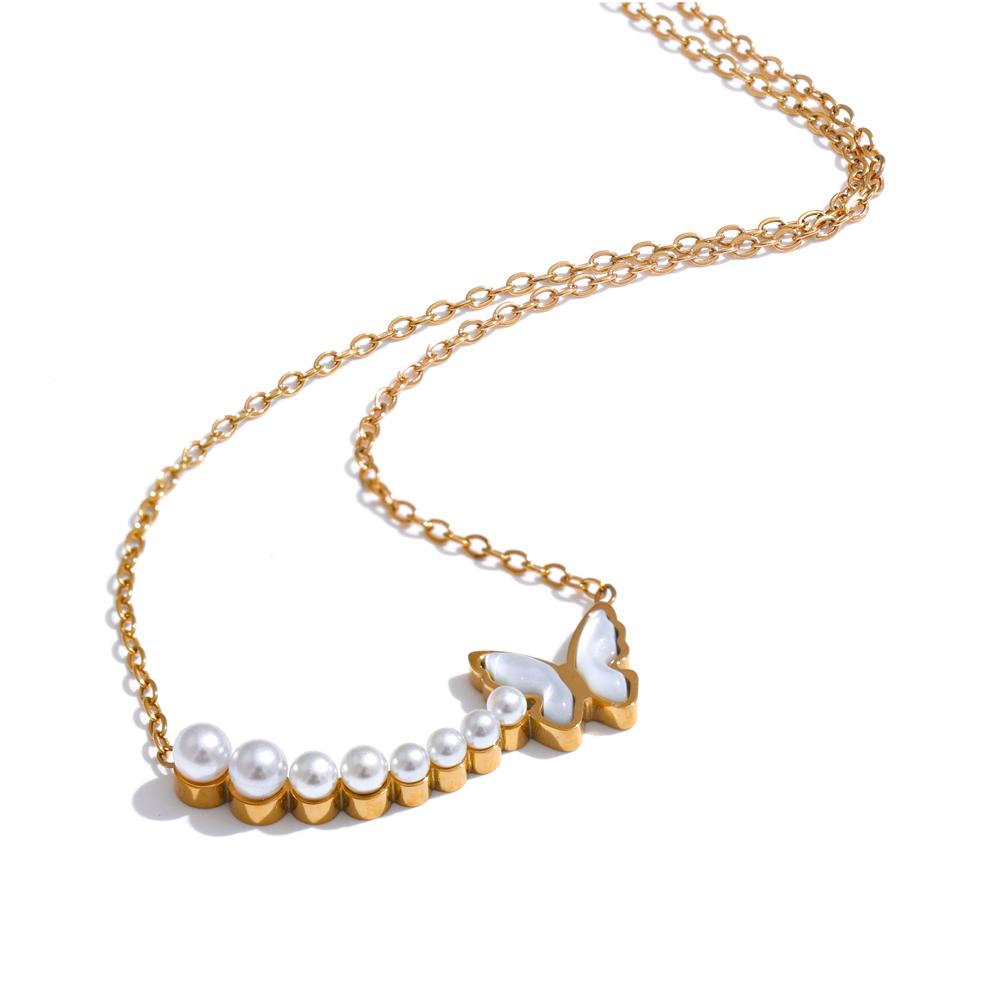 

Yhpup Exquisite Simulated Pearls Natural Shell Butterfly Pendant Necklace Stainless Steel High Quality Stylish Chic Jewelry Gift