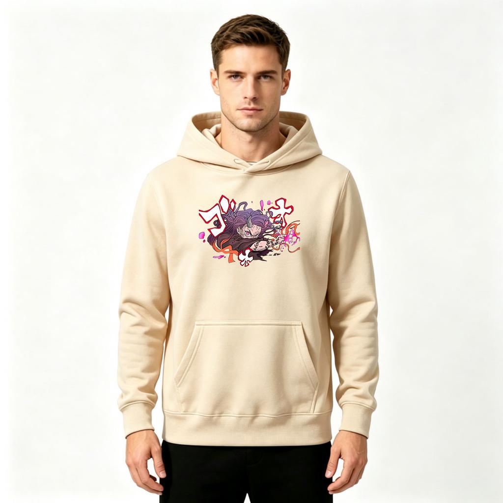 Men Anime Print Pullover Hoodie Casual Purple Hair Demon Character Graphic Long Sleeve Sweatshirt
