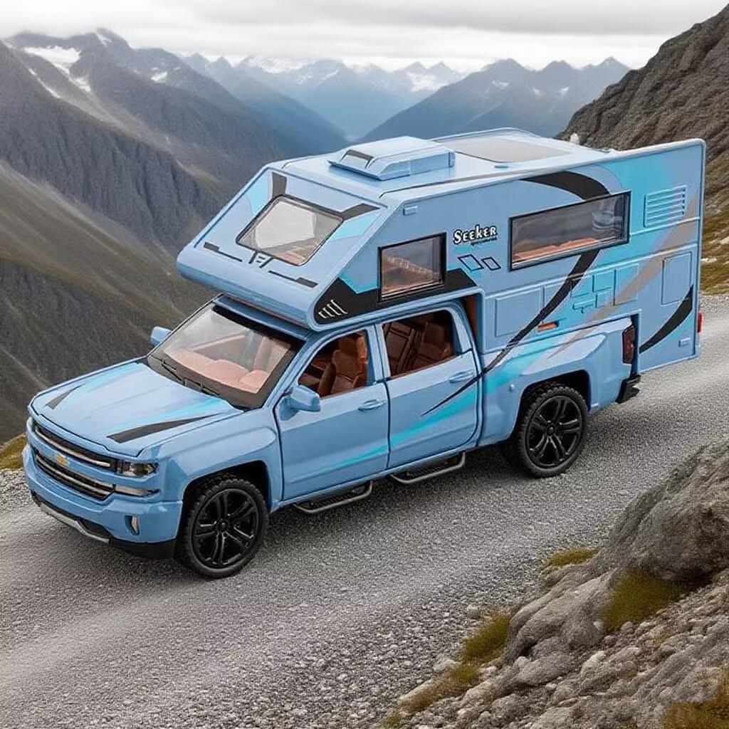 1/32 Silverado Pickup RV Recreational Car Model Diecast Camper Van Motorhome Touring Vehicles Car Model Sound Light Kid Toy Gift