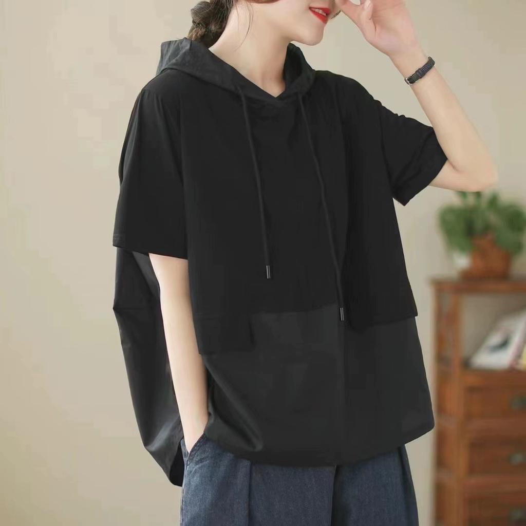 Dimanaf 2025 Summer T-shirt Hoodies Sweatshirts Pullovers Patchwork Tops Women Loose Casual Yellow Solid Cotton