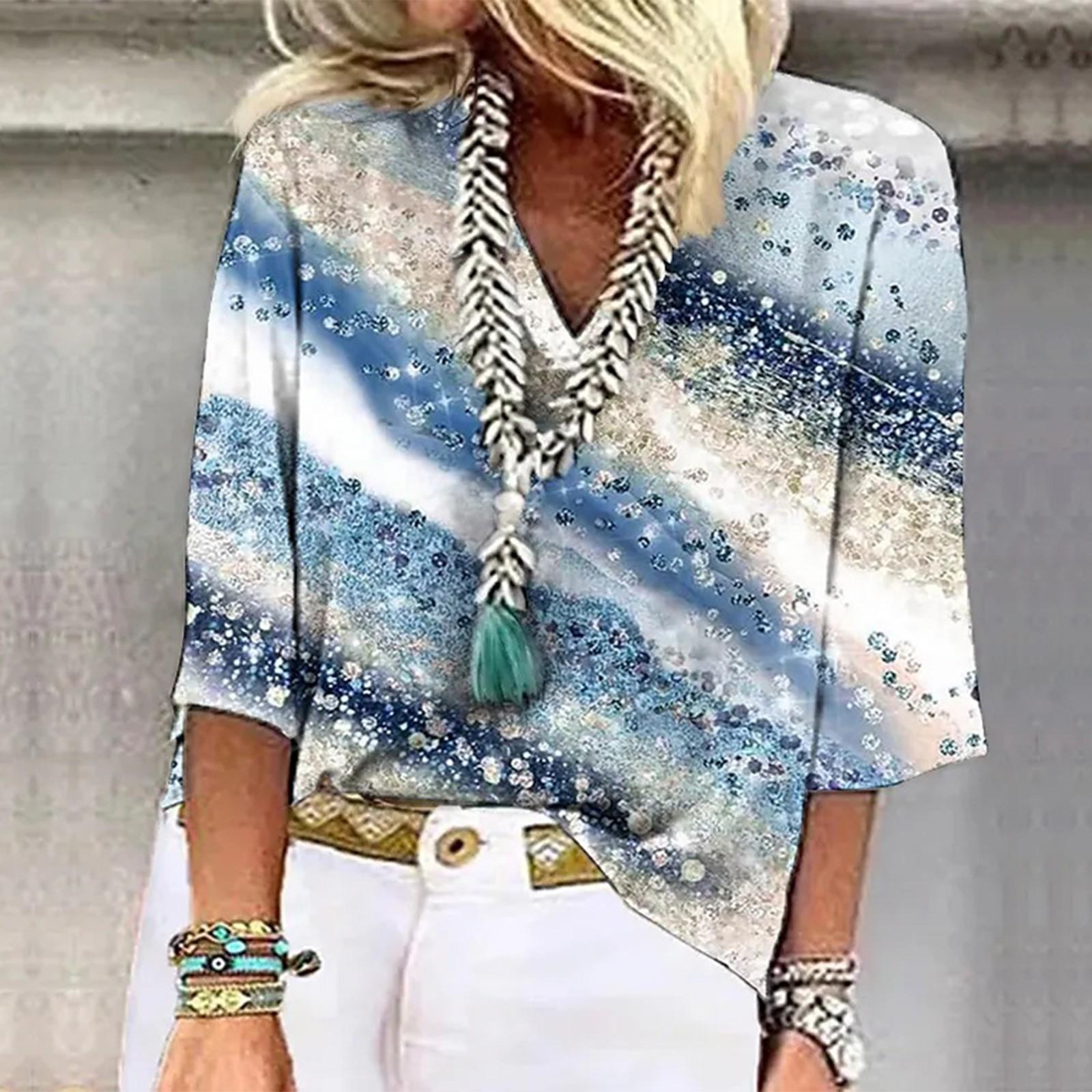 

Женская рубашка-блузка повседневные свободные рубашки с рукавом 3/4 и принтом с V-образным вырезом Топы Футболки Футболка L синий