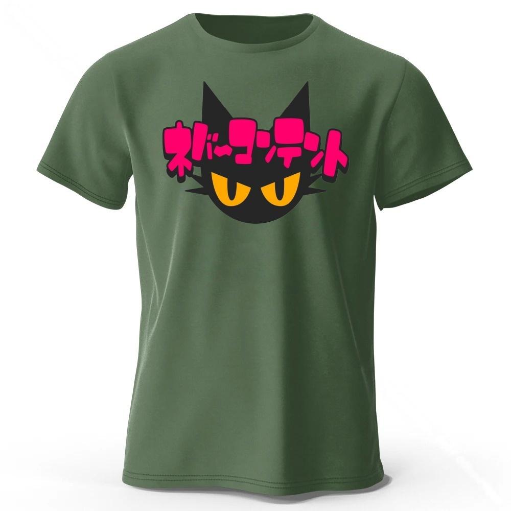 Japanese New Cyberpunk Neon Black Cat Pure Cotton Tshirt Mens Loose Oversized Short Sleeved Tshirt Casual Round Neck Top