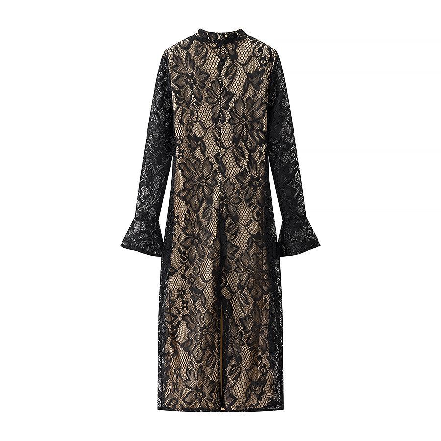 European & American Sexy Women's Long Sleeve Lace Hollow Out Slim Fit Cheongsam Dress