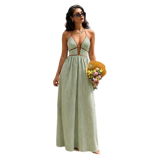 Women s Halter Striped Maxi Dress Sleeveless Deep V Neck A Line Sundress Summer A-Line Beach Vacation Dress S зелёный