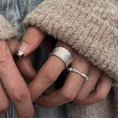 PANJBJ 925 Sterling Silver Geometry Wide Rings For Women Girl Texture Versatile Hip Hop Design Jewelry Gift Dropshipping