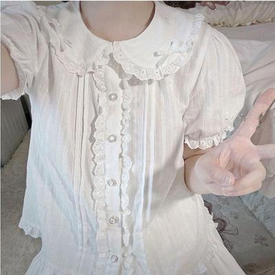Sommer Shirt Frauen Kawaii Peter Pan Kragen Lolita Weiß Kurzarm Spitze Bluse Top Süße Mode Niedlichen Tops