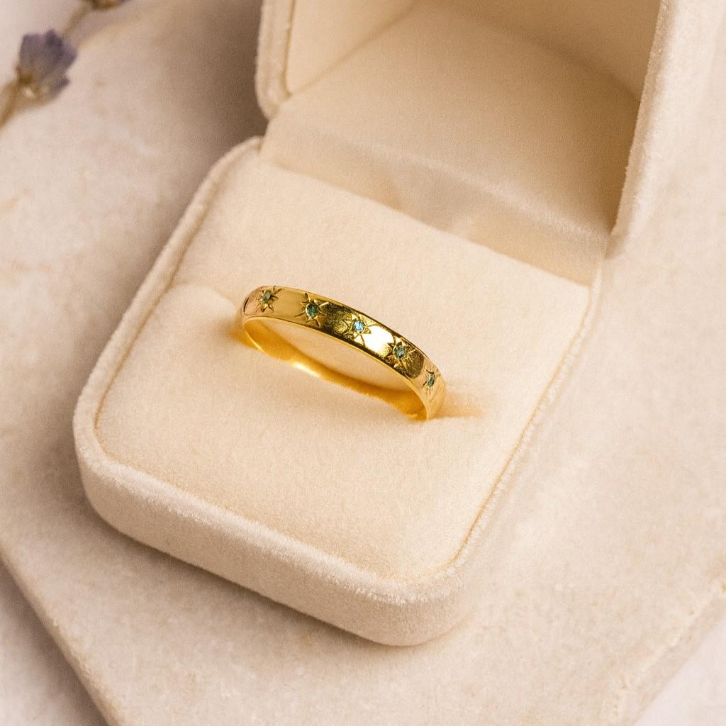 Star Elegant Emerald Wedding Band for Women – Yellow Gold Plated 925 Sterling Silver Ring | Minimalist Stacking, Engagement, Anniversary, Promise Gift