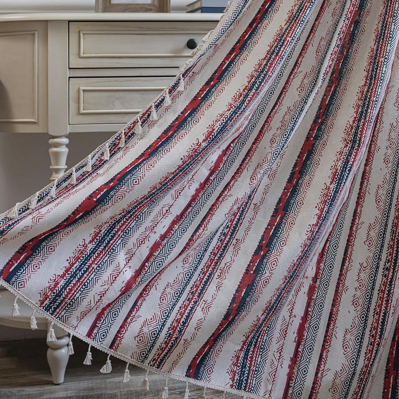 Curtains Finished Striped Print Fringe Small Window Dining Room Valance Cotton Linen Semi-blackout Living Room Bedroom Balcony