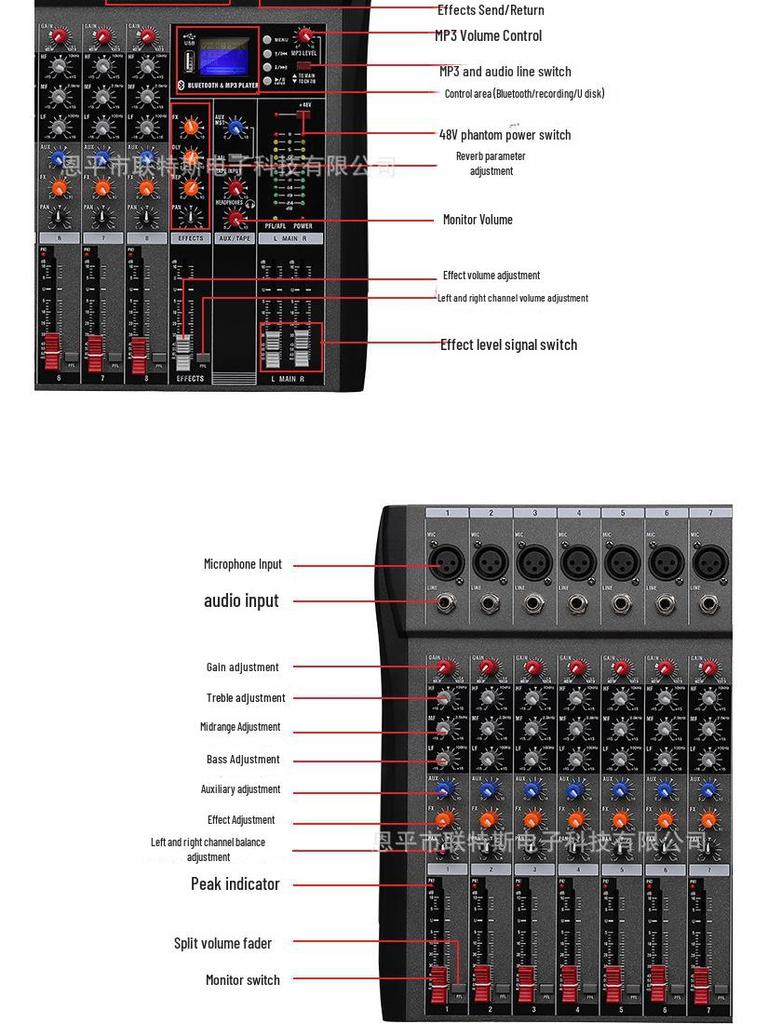 CT8 Professional 8-Channel DJ Mixer Console with USB, Bluetooth, and Monitoring for Stage, Band, and Conference Performances.