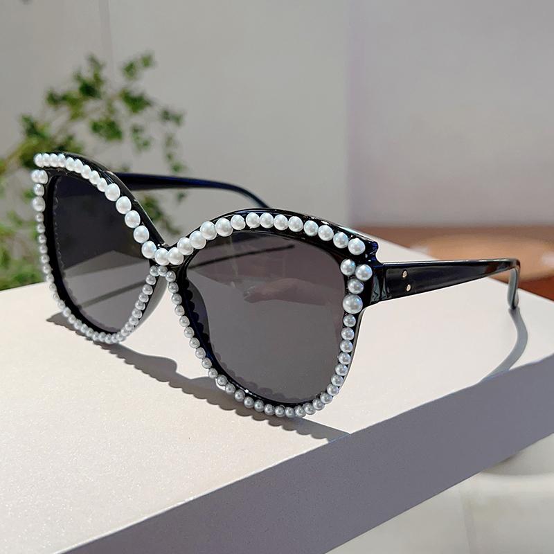 Chic Pearl Shiny Trends Shades Women Fashion Cat Eye Gradient Sunglasses Oversize Decor Outdoor Pink Sun Glasses