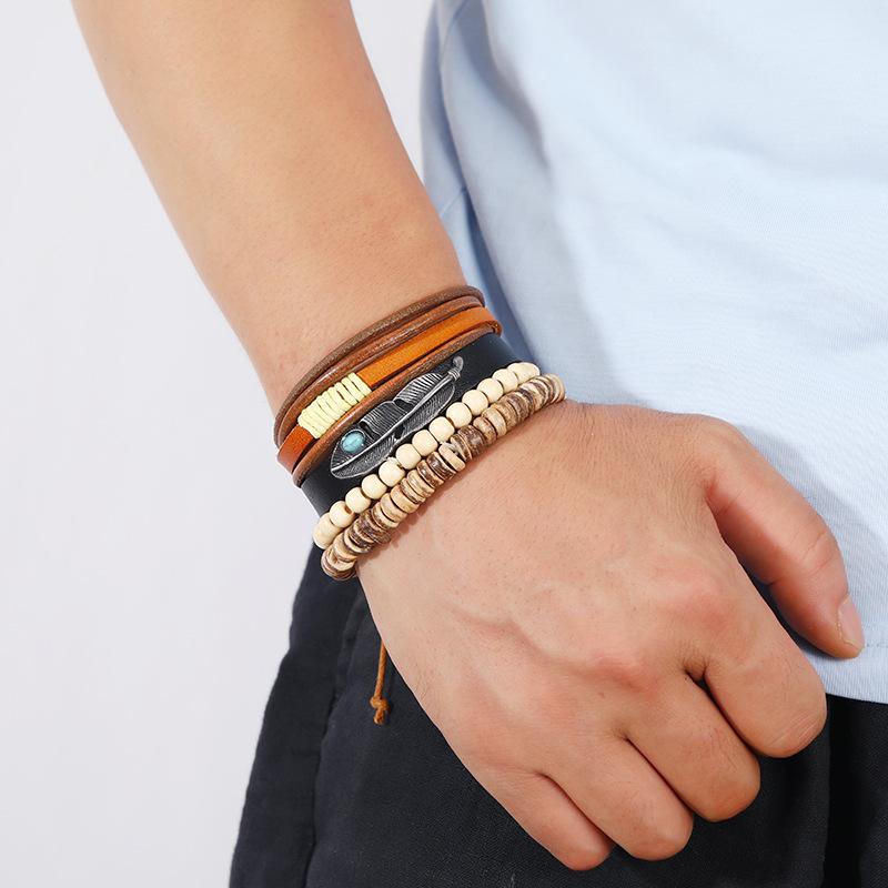 Foreign trade new retro feather combination set bracelet multi-layer DIY beaded leather bracelet ethnic style bracelet accessories