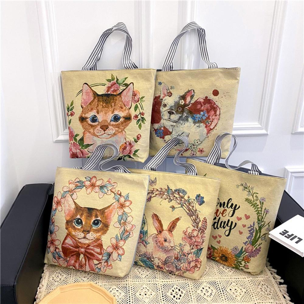 Canvas Bags Handbag For Women Shopper Cute Cat Shopping Tote Bag With Zipper Designer Bag Japanese Style Cartoon Large Shoulder Bags