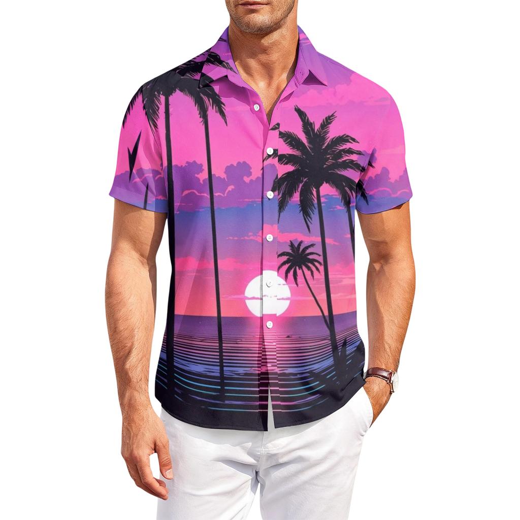 Mens Casual Shirts Summer Shirts for Men UK Mens Beach Shirt Mens T Shirt Button Down Leaf Print Shirt Short Sleeve