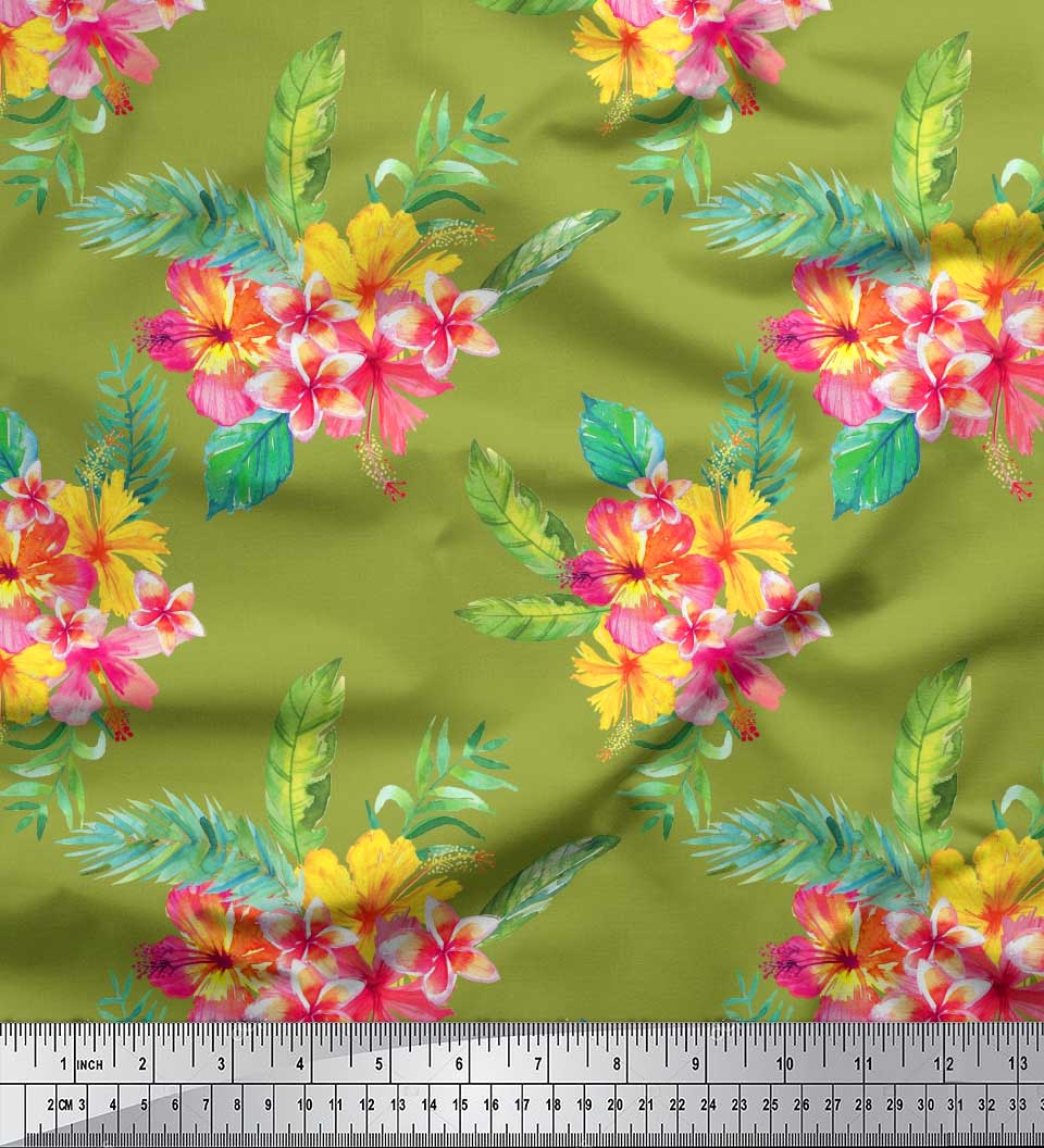 

Чорна полімерна крепова тканина Soimoi з плюмерією та квітковим принтом на метр 42 дюйма 42 Inch Wide - Poly Crepe зелений