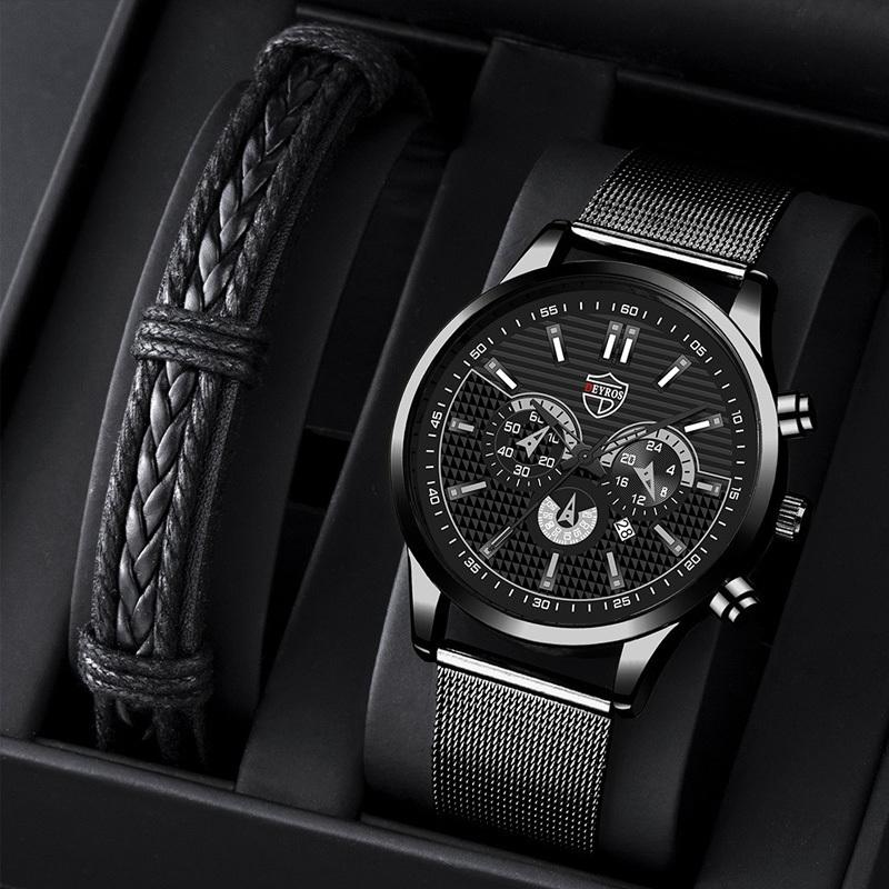 DEYROS 4PCS Set Fashion Mens Sports Bracelet Watches for Men Stainless Steel Quartz Wristwatch Classic Male Casual Leather Watch