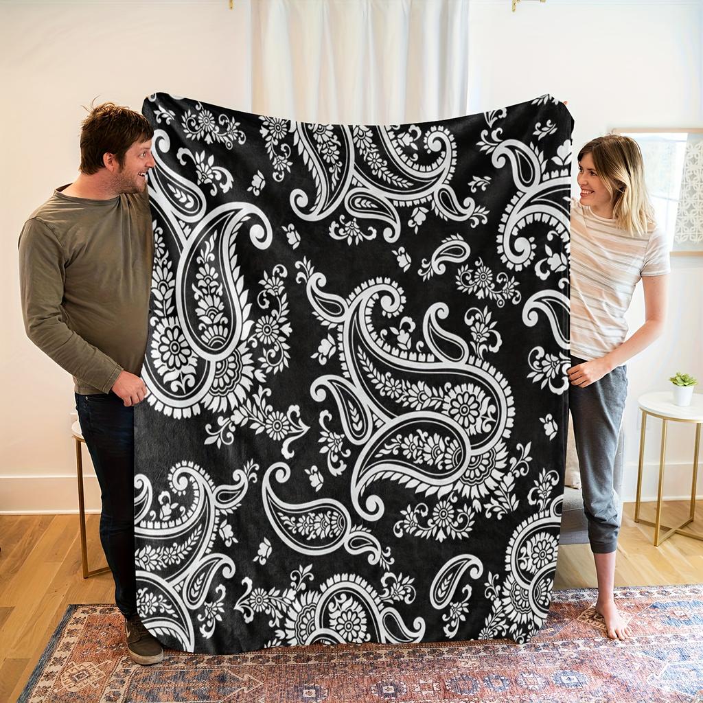 1 Stück Schwarz-Weiß-Blumenmuster Flanelldecke - Weich, Hochauflösender Digitaldruck, Ganzjahres-Gemütliche Decke für Zuhause und Freunde